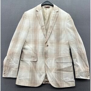 Linea Uomo Blazer Mens 38R Tan Cream Linen Blend Plaid Sport Coat Paisley Lining
